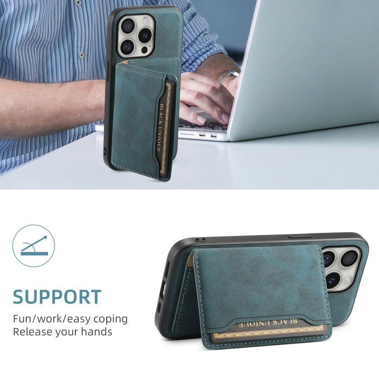 For iPhone 16 Pro Max Denior D13 Retro Texture Leather MagSafe Card Bag Phone Case(Blue)
