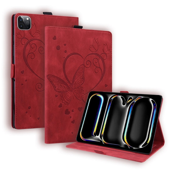 For iPad Pro 13 2024 Love Butterfly Embossed Leather Tablet Case(Red)