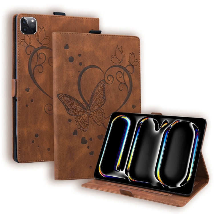 For iPad Pro 13 2024 Love Butterfly Embossed Leather Tablet Case(Brown)