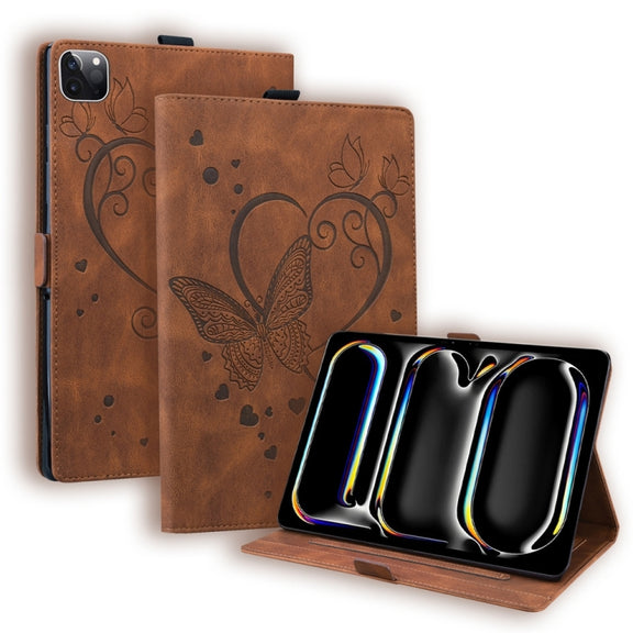 For iPad Pro 13 2024 Love Butterfly Embossed Leather Tablet Case(Brown)