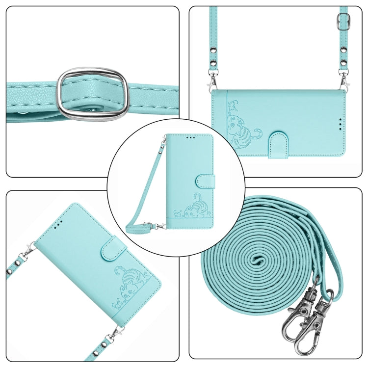 For Google Pixel 9 Pro XL Cat Rat Embossed Pattern RFID Leather Phone Case with Lanyard(Mint Green)