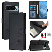 For Google Pixel 9 Pro XL Cat Rat Embossed Pattern RFID Leather Phone Case with Lanyard(Black)