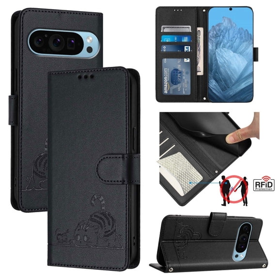 For Google Pixel 9 Pro XL Cat Rat Embossed Pattern RFID Leather Phone Case with Lanyard(Black)