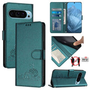 For Google Pixel 9 Pro XL Cat Rat Embossed Pattern RFID Leather Phone Case with Lanyard(Peacock Green)