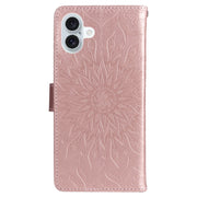 For iPhone 16 Plus Embossed Sunflower Pattern Flip Leather Phone Case(Rose Gold)