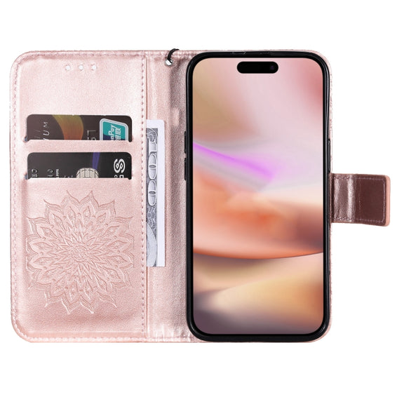 For iPhone 16 Plus Embossed Sunflower Pattern Flip Leather Phone Case(Rose Gold)