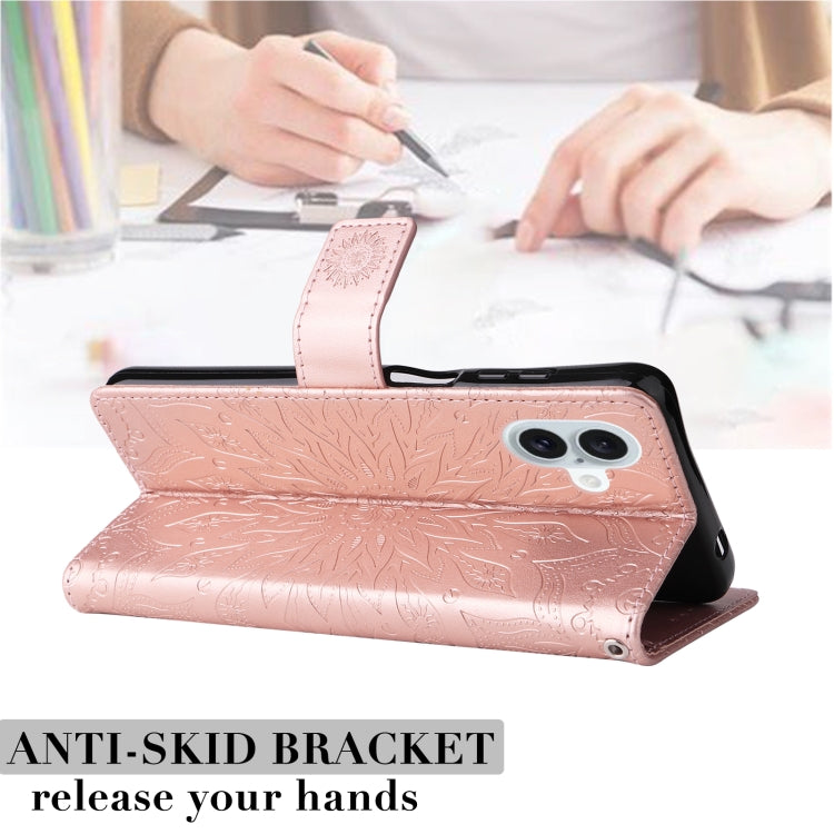 For iPhone 16 Plus Embossed Sunflower Pattern Flip Leather Phone Case(Rose Gold)