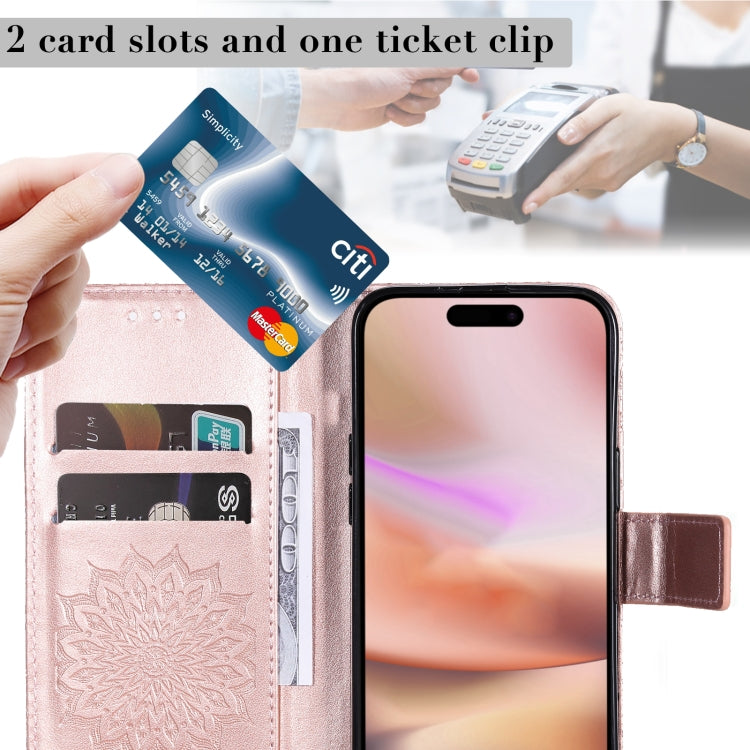 For iPhone 16 Plus Embossed Sunflower Pattern Flip Leather Phone Case(Rose Gold)
