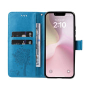 For iPhone 16e Tree & Cat Embossed Pattern Flip Leather Phone Case(Blue)