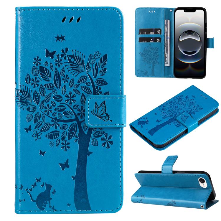 For iPhone 16e Tree & Cat Embossed Pattern Flip Leather Phone Case(Blue)