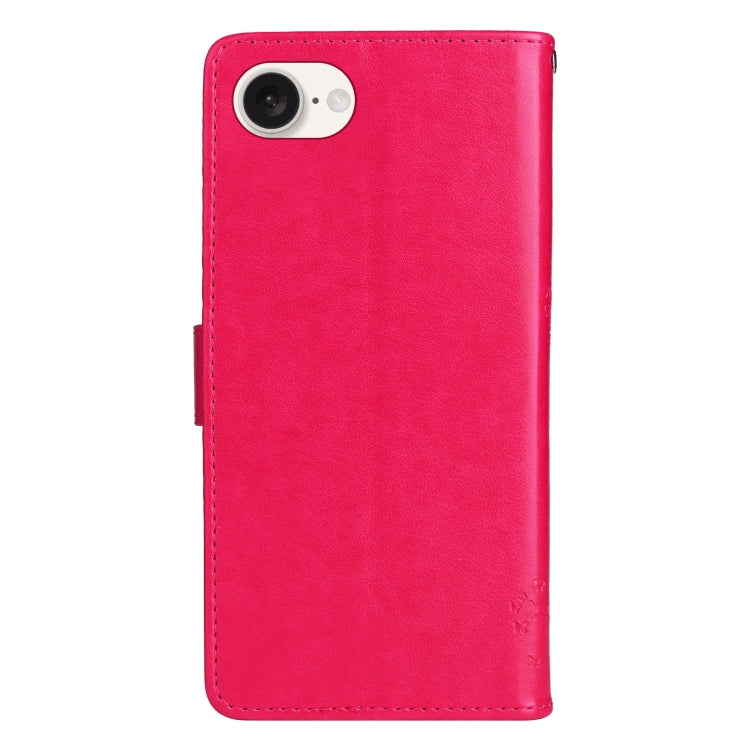 For iPhone 16e Tree & Cat Embossed Pattern Flip Leather Phone Case(Rose Red)