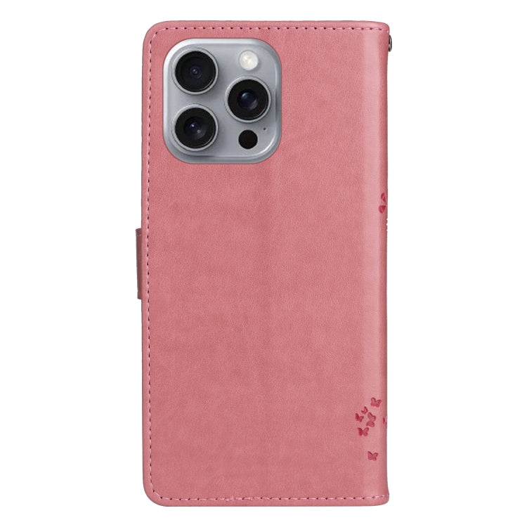 For iPhone 16 Pro Max Tree & Cat Embossed Pattern Flip Leather Phone Case(Pink)
