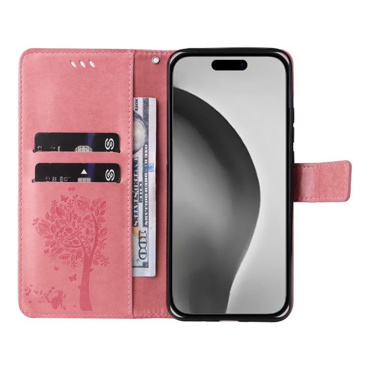 For iPhone 16 Pro Max Tree & Cat Embossed Pattern Flip Leather Phone Case(Pink)