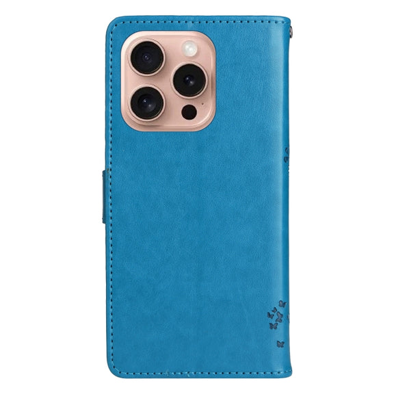 For iPhone 16 Pro Tree & Cat Embossed Pattern Flip Leather Phone Case(Blue)