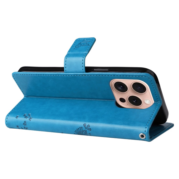 For iPhone 16 Pro Tree & Cat Embossed Pattern Flip Leather Phone Case(Blue)