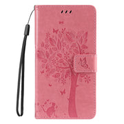 For iPhone 16 Plus Tree & Cat Embossed Pattern Flip Leather Phone Case(Pink)