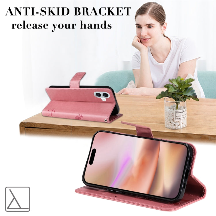 For iPhone 16 Plus Tree & Cat Embossed Pattern Flip Leather Phone Case(Pink)