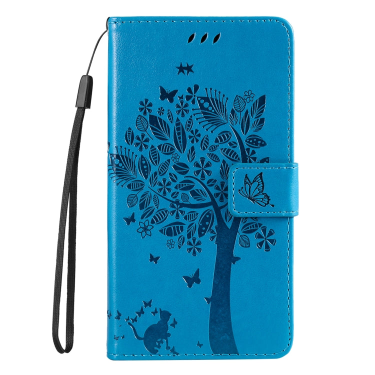 For iPhone 16 Tree & Cat Embossed Pattern Flip Leather Phone Case(Blue)