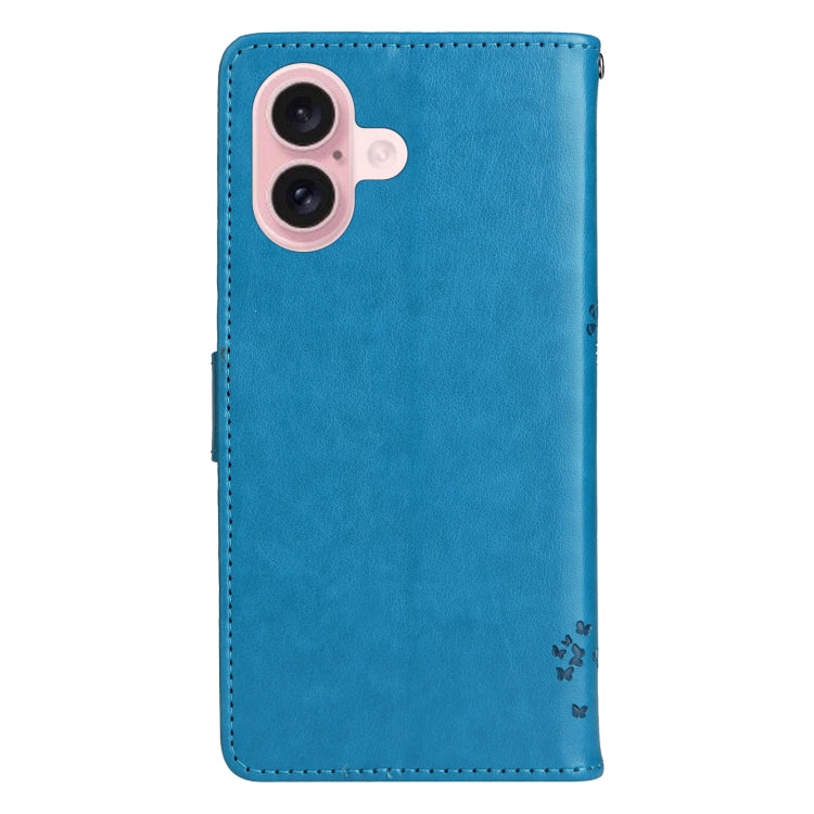 For iPhone 16 Tree & Cat Embossed Pattern Flip Leather Phone Case(Blue)