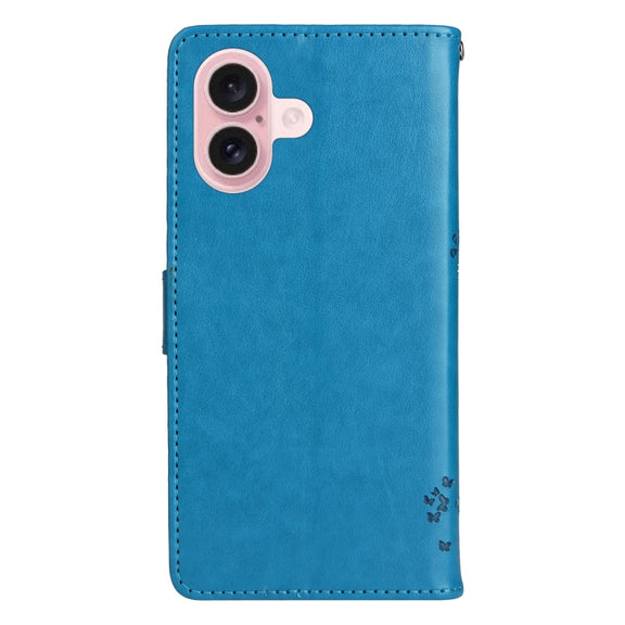 For iPhone 16 Tree & Cat Embossed Pattern Flip Leather Phone Case(Blue)