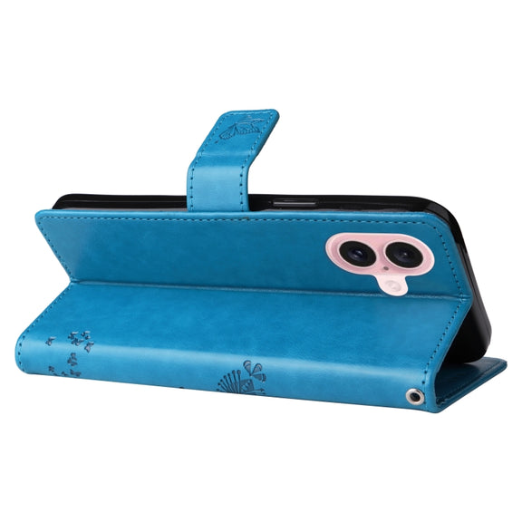 For iPhone 16 Tree & Cat Embossed Pattern Flip Leather Phone Case(Blue)