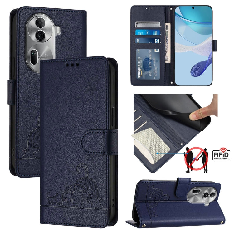 For OPPO Reno11 Pro 5G Global Cat Rat Embossed Pattern RFID Leather Phone Case with Lanyard(Blue)
