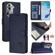 For OPPO Reno11 Pro 5G Global Cat Rat Embossed Pattern RFID Leather Phone Case with Lanyard(Blue)