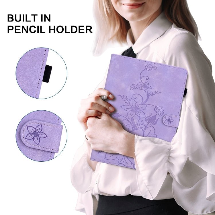 For Amazon Fire HD10 2023 Lily Embossed Leather Tablet Case(Purple)