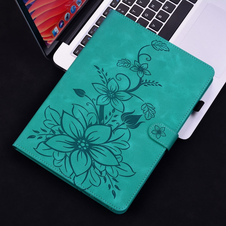 For Amazon Fire HD10 2019/2017 Lily Embossed Leather Smart Tablet Case(Green)