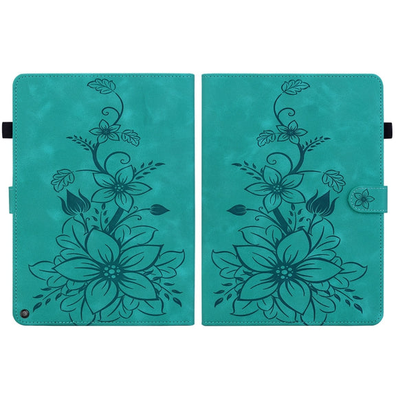 For Amazon Fire HD10 2019/2017 Lily Embossed Leather Smart Tablet Case(Green)