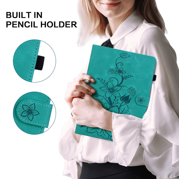 For Amazon Fire HD10 2019/2017 Lily Embossed Leather Smart Tablet Case(Green)