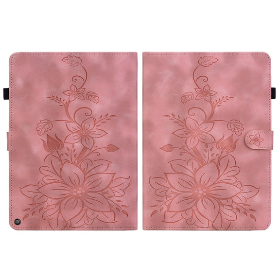 For Amazon Fire HD10 2019/2017 Lily Embossed Leather Smart Tablet Case(Pink)