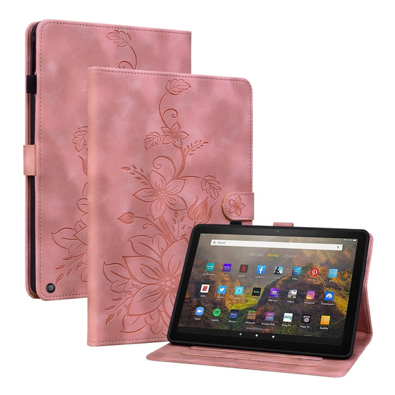 For Amazon Fire HD10 2019/2017 Lily Embossed Leather Smart Tablet Case(Pink)
