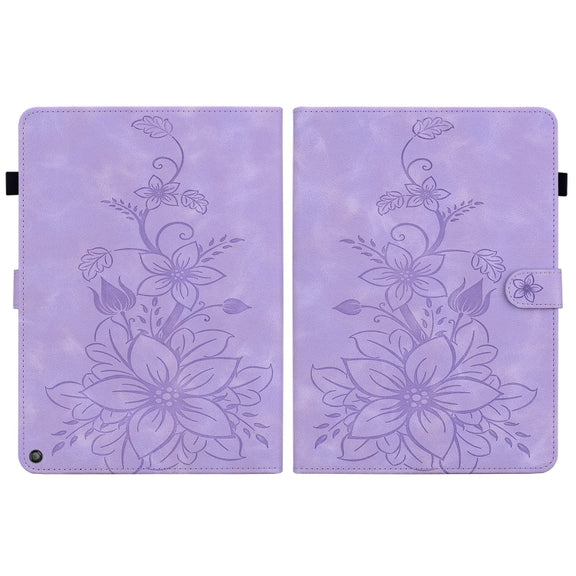 For Amazon Fire HD10 2019/2017 Lily Embossed Leather Smart Tablet Case(Purple)