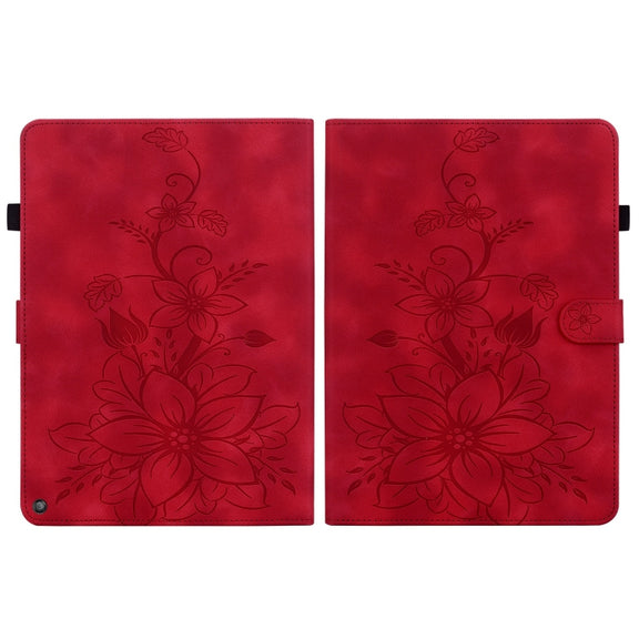 For Amazon Fire HD10 2019/2017 Lily Embossed Leather Smart Tablet Case(Red)