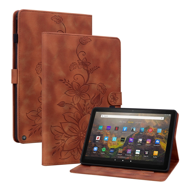 For Amazon Fire HD10 / HD10 Plus 2021 Lily Embossed Leather Smart Tablet Case(Brown)