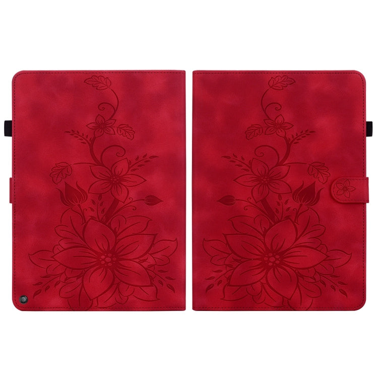For Amazon Fire HD10 / HD10 Plus 2021 Lily Embossed Leather Smart Tablet Case(Red)