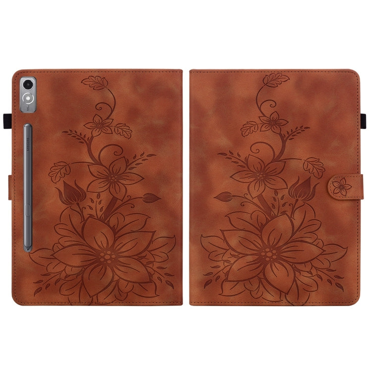 For Lenovo Tab P12 12.7 Lily Embossed Leather Tablet Case(Brown)
