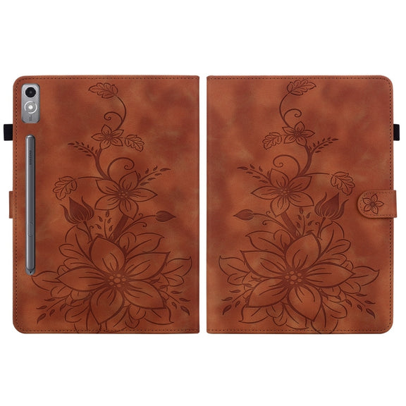 For Lenovo Tab P12 12.7 Lily Embossed Leather Tablet Case(Brown)