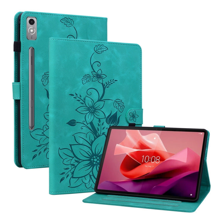 For Lenovo Tab P12 12.7 Lily Embossed Leather Tablet Case(Green)