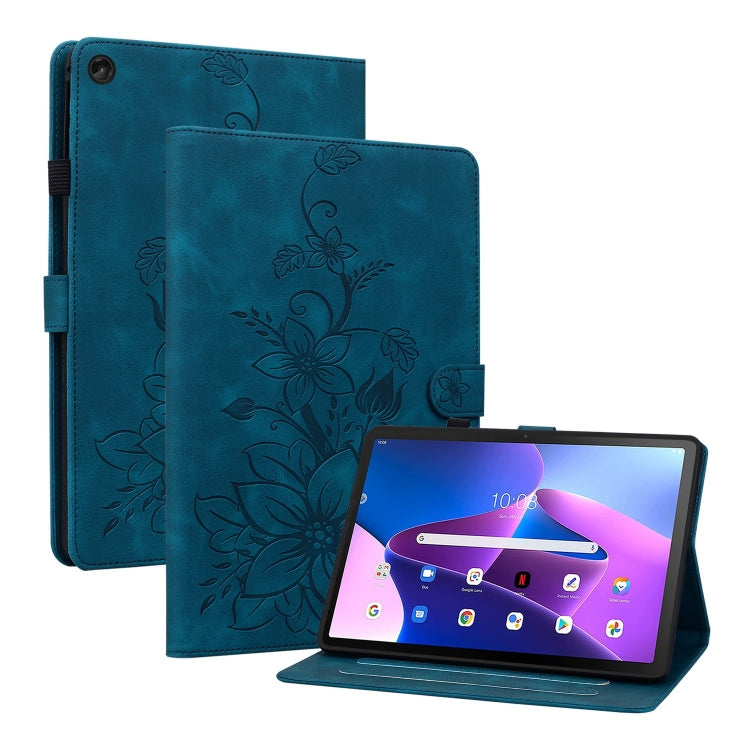 For Lenovo Tab M10 10.1 3rd Gen Lily Embossed Leather Tablet Case(Dark Blue)