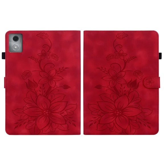 For Lenovo Tab K11 Plus Lily Embossed Leather Tablet Case(Red)