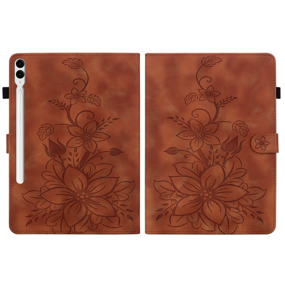 For Samsung Galaxy Tab S9+ / S9 FE+ Lily Embossed Leather Tablet Case(Brown)
