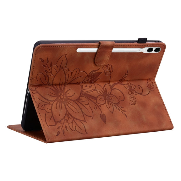 For Samsung Galaxy Tab S9+ / S9 FE+ Lily Embossed Leather Tablet Case(Brown)