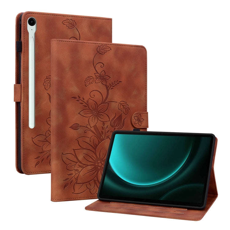 For Samsung Galaxy Tab S9 / S9 FE Lily Embossed Leather Tablet Case(Brown)