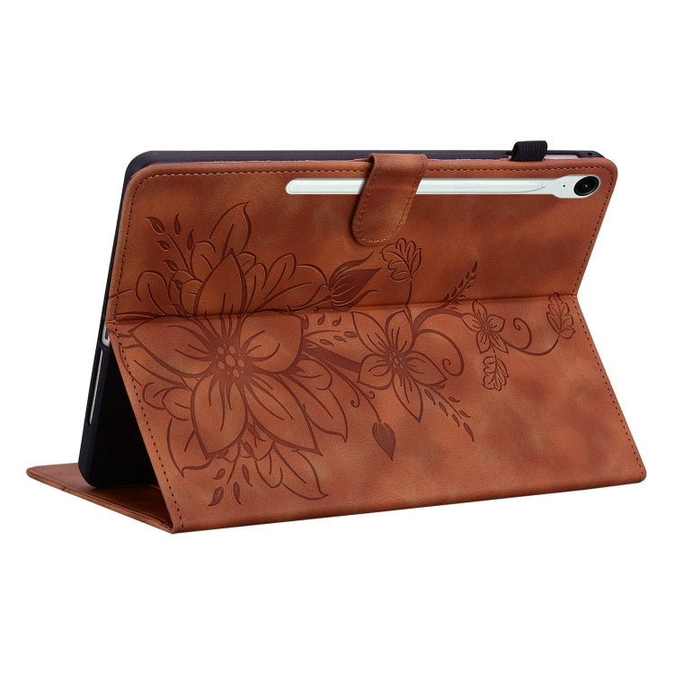 For Samsung Galaxy Tab S9 / S9 FE Lily Embossed Leather Tablet Case(Brown)
