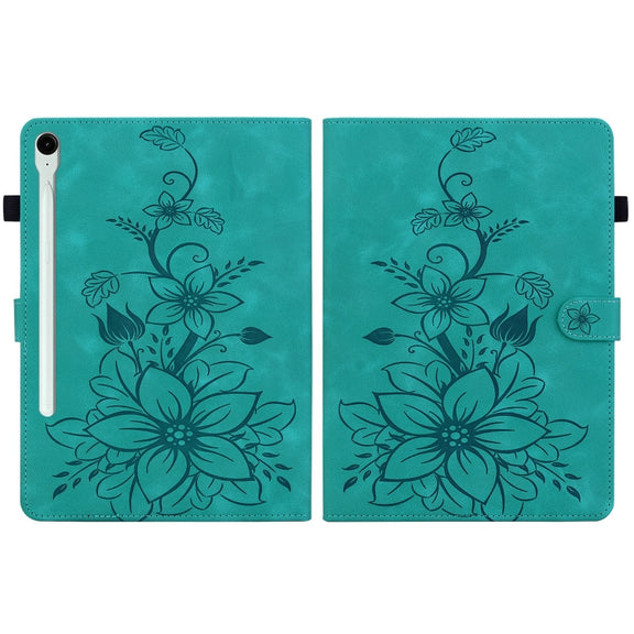 For Samsung Galaxy Tab S9 / S9 FE Lily Embossed Leather Tablet Case(Green)