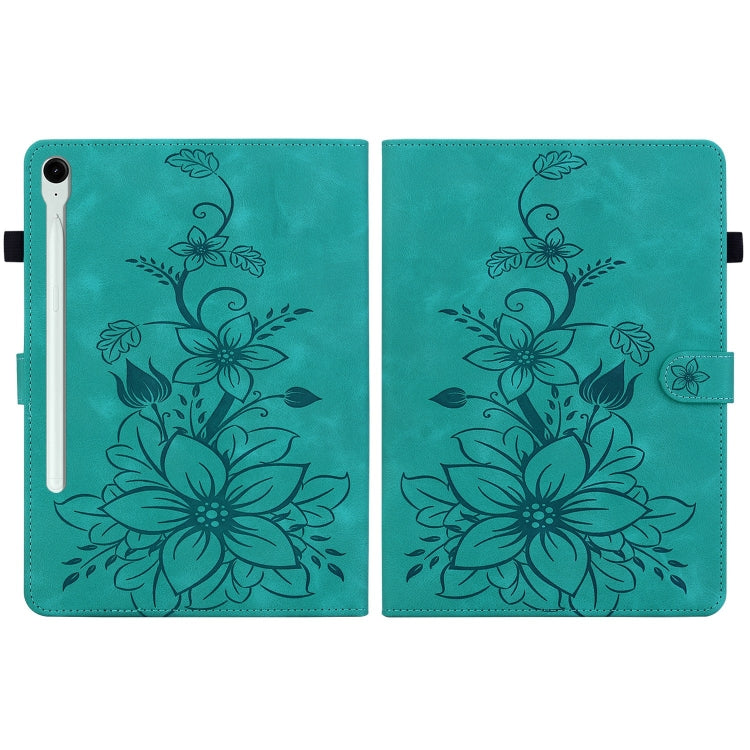 For Samsung Galaxy Tab S9 / S9 FE Lily Embossed Leather Tablet Case(Green)