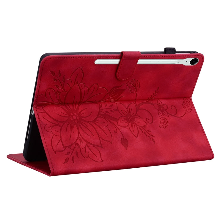 For Samsung Galaxy Tab S9 / S9 FE Lily Embossed Leather Tablet Case(Red)