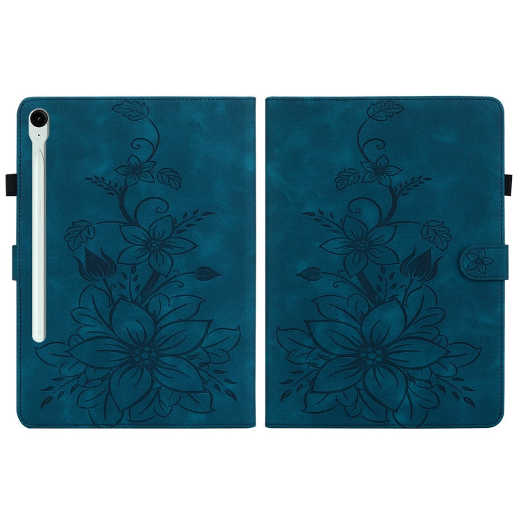 For Samsung Galaxy Tab S9 / S9 FE Lily Embossed Leather Tablet Case(Dark Blue)